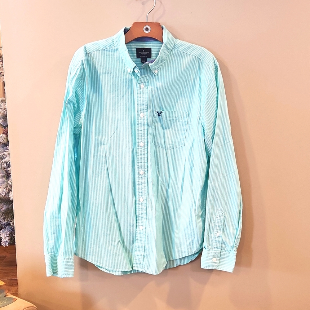 Mens American Eagle Seafoam/Aqua Colored Button Down Dress Shirt Size Large